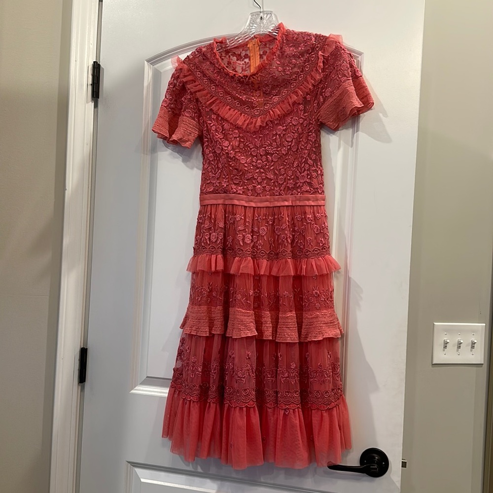 Needle & Thread Coral Lace Tiered Midi Dress